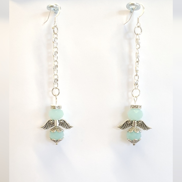 Handmade Frosted Blue Crystal Angel & Silver Chain Dangle Earrings - Picture 2 of 10